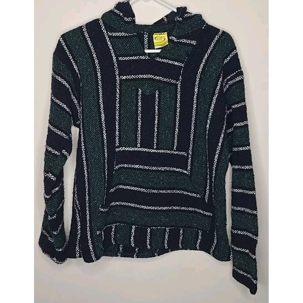 Mexican Baja Hoodie Franks Textiles‎ Youth M Drug Rug Poncho Green Blue Hippy